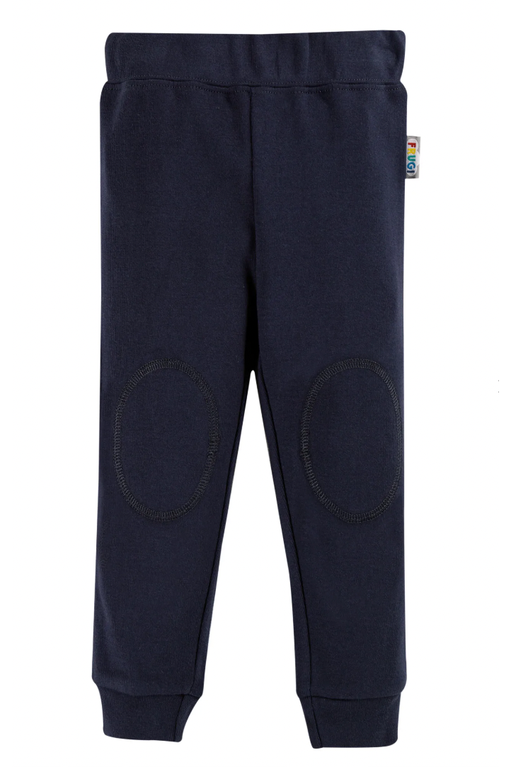 Navy blue jogger pants with knee pads on a white background