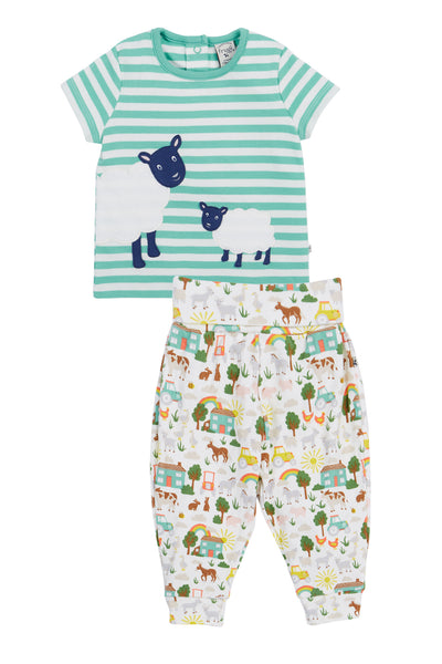 Frugi Frankie Summer Outfit in Farm Life/Moss Stripe-Kids-Ohh! By Gum - Shop Sustainable