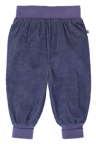 Blue corduroy pants with purple waistband on a white background