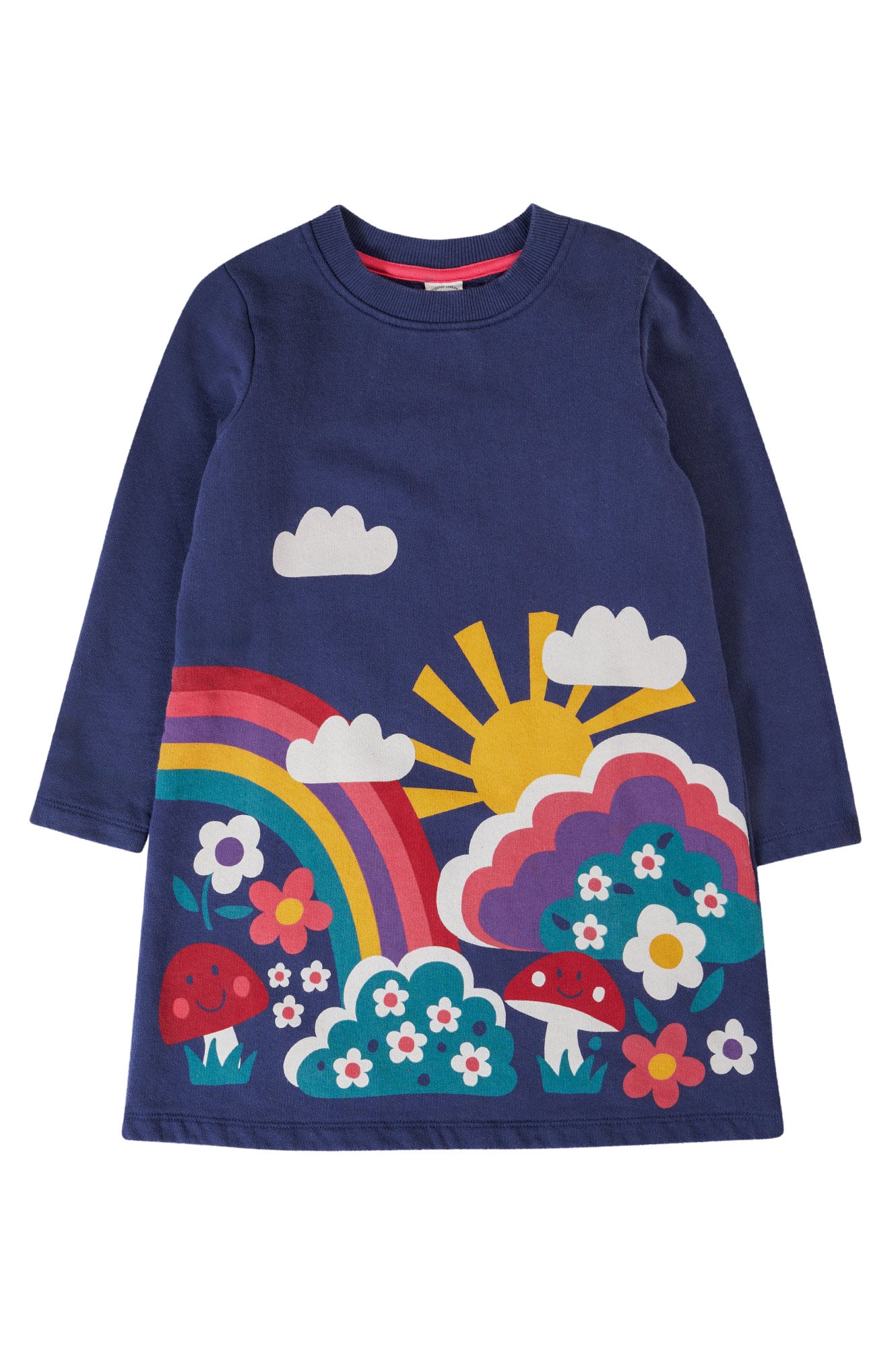 Navy dress with colorful rainbow, cloud, and mushroom design on a white background