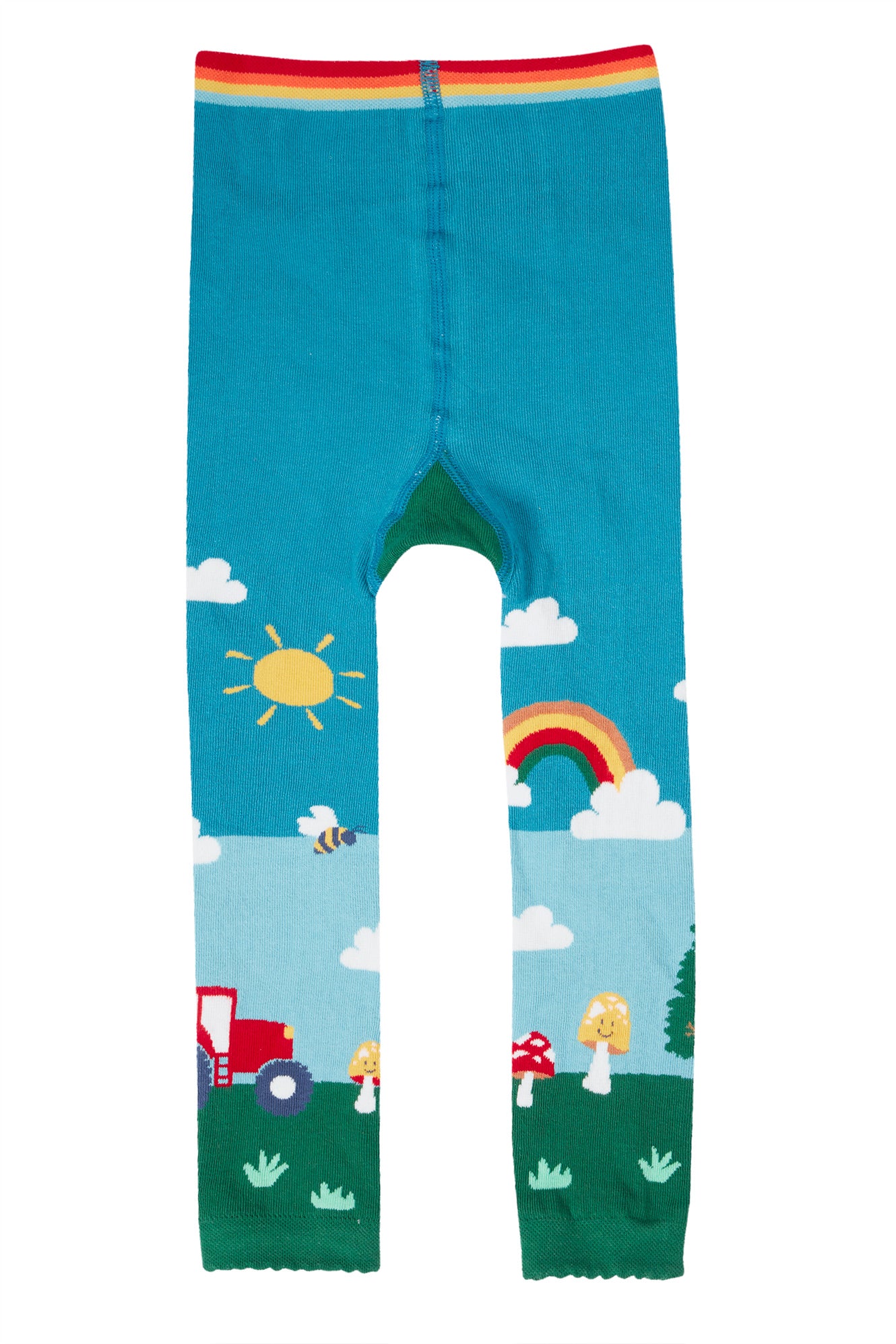 Children's organic cotton leggings with a colorful design of a sun, rainbow, and landscape on a blue background.