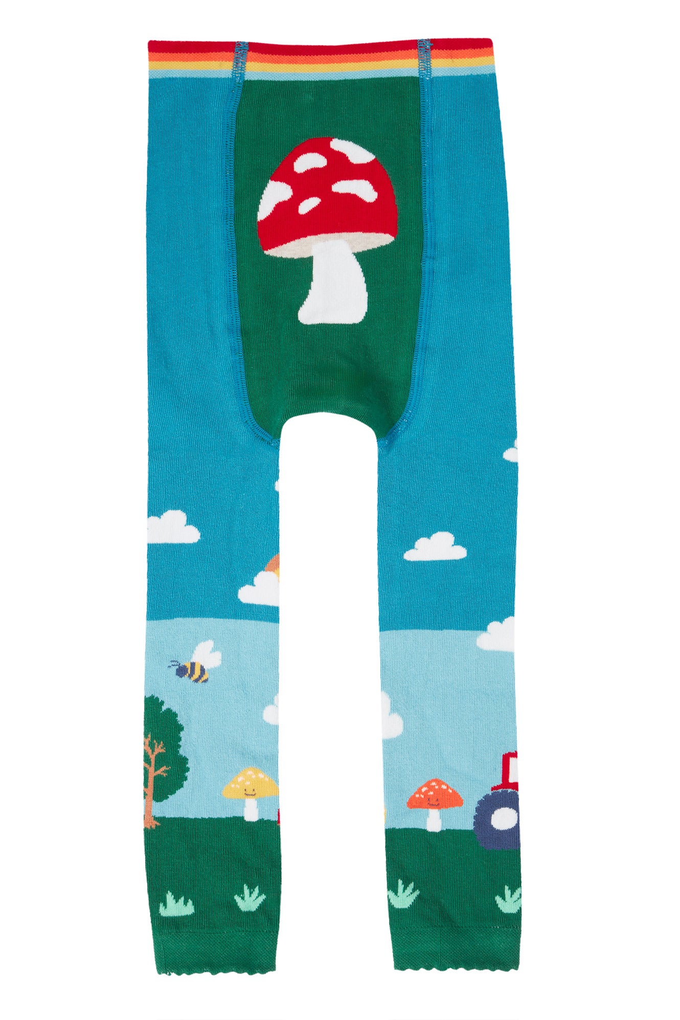 Organic cotton leggings with mushroom and landscape design on a white background
