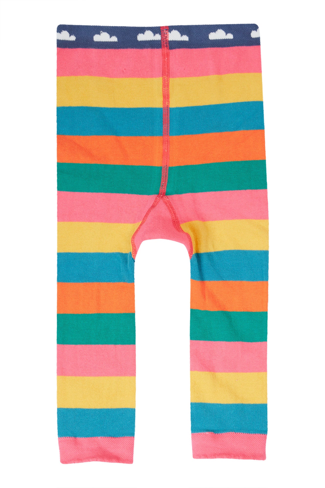 Colourful striped leggings with a navy blue band at the top on a white background