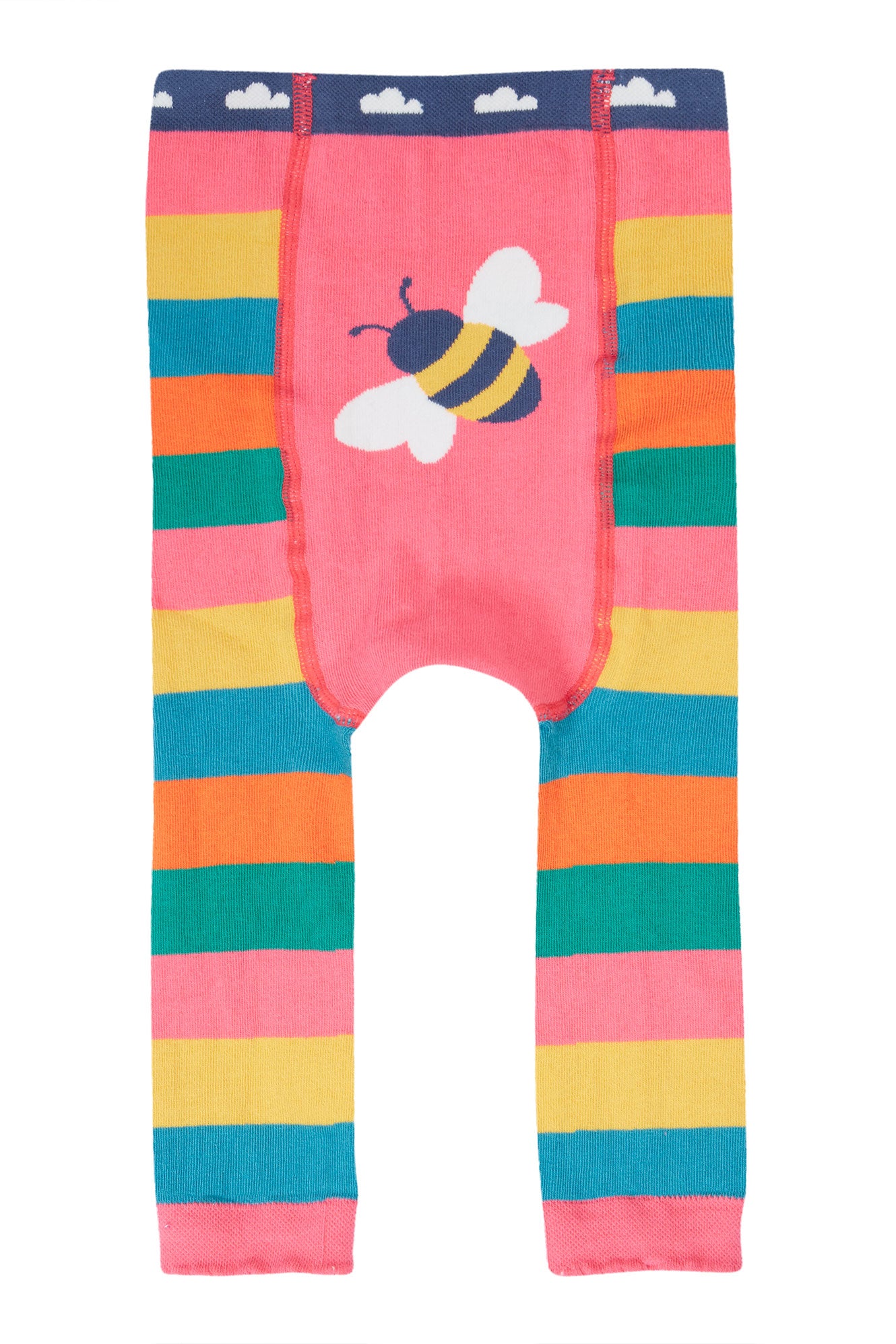 Colorful striped organic cotton leggings with a bee design on a white background