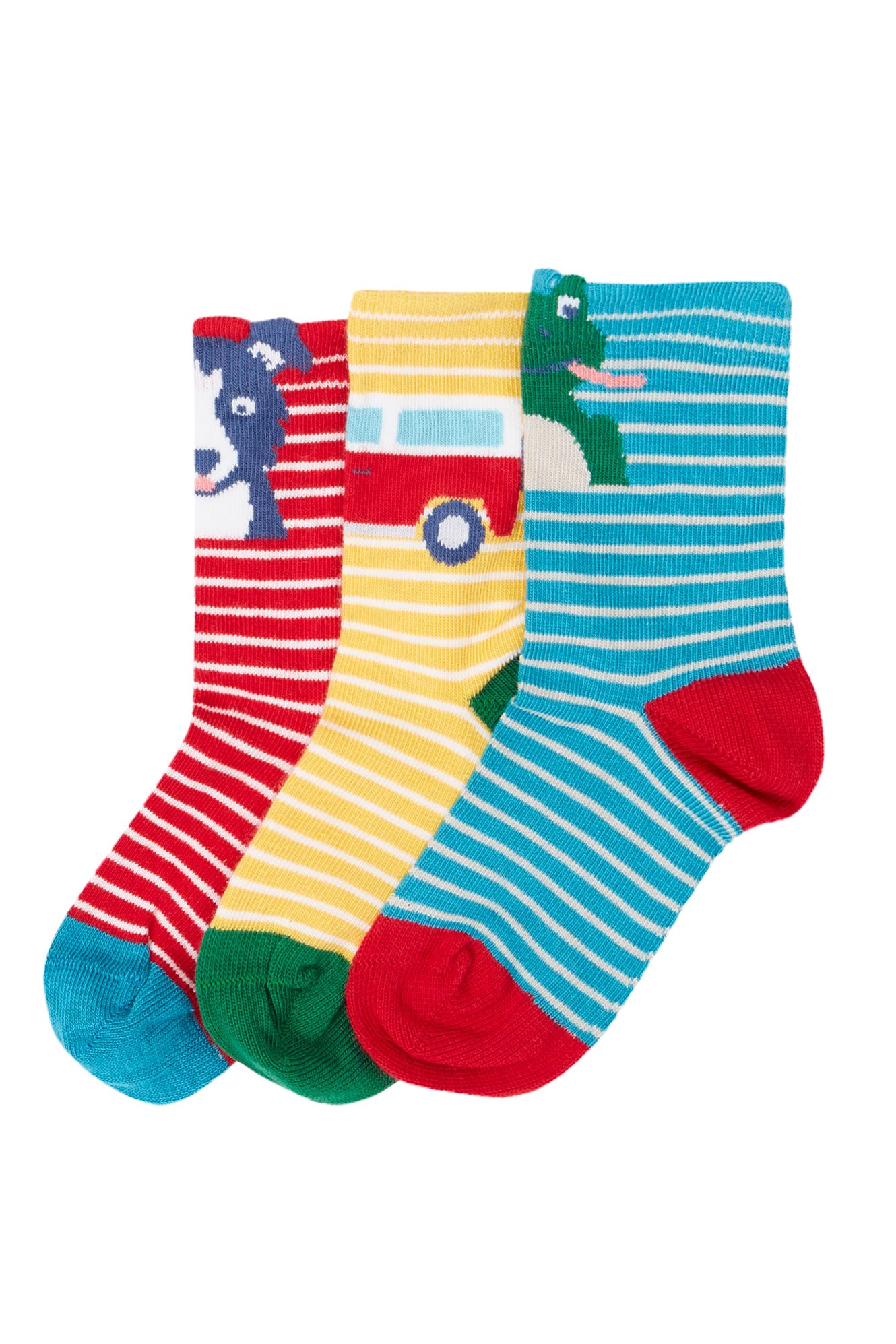 Three colorful children's socks with animal designs on a white background