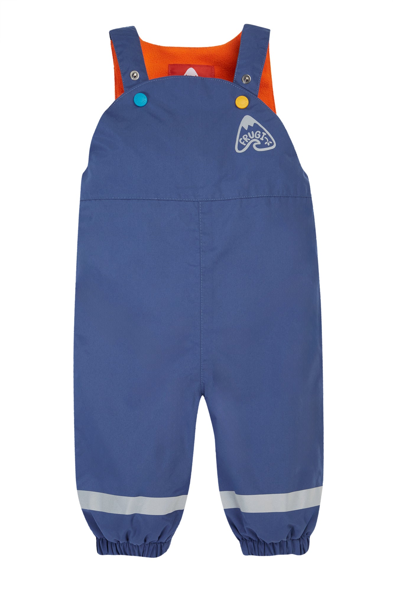 Frugi navy waterproof dungarees for kids, sustainable outerwear made from recycled polyester with snap shoulder fastenings.
