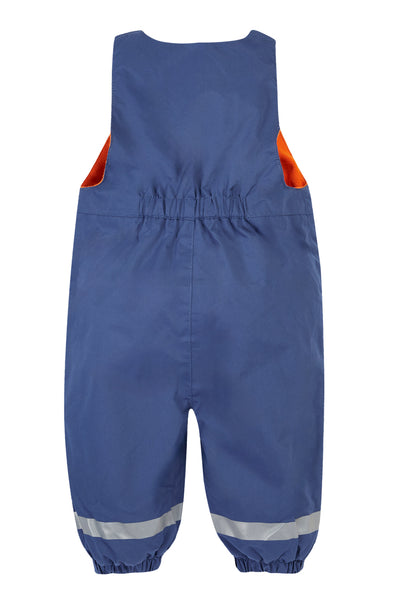 Back view of Frugi kids’ waterproof dungarees with elasticated waist and adjustable straps