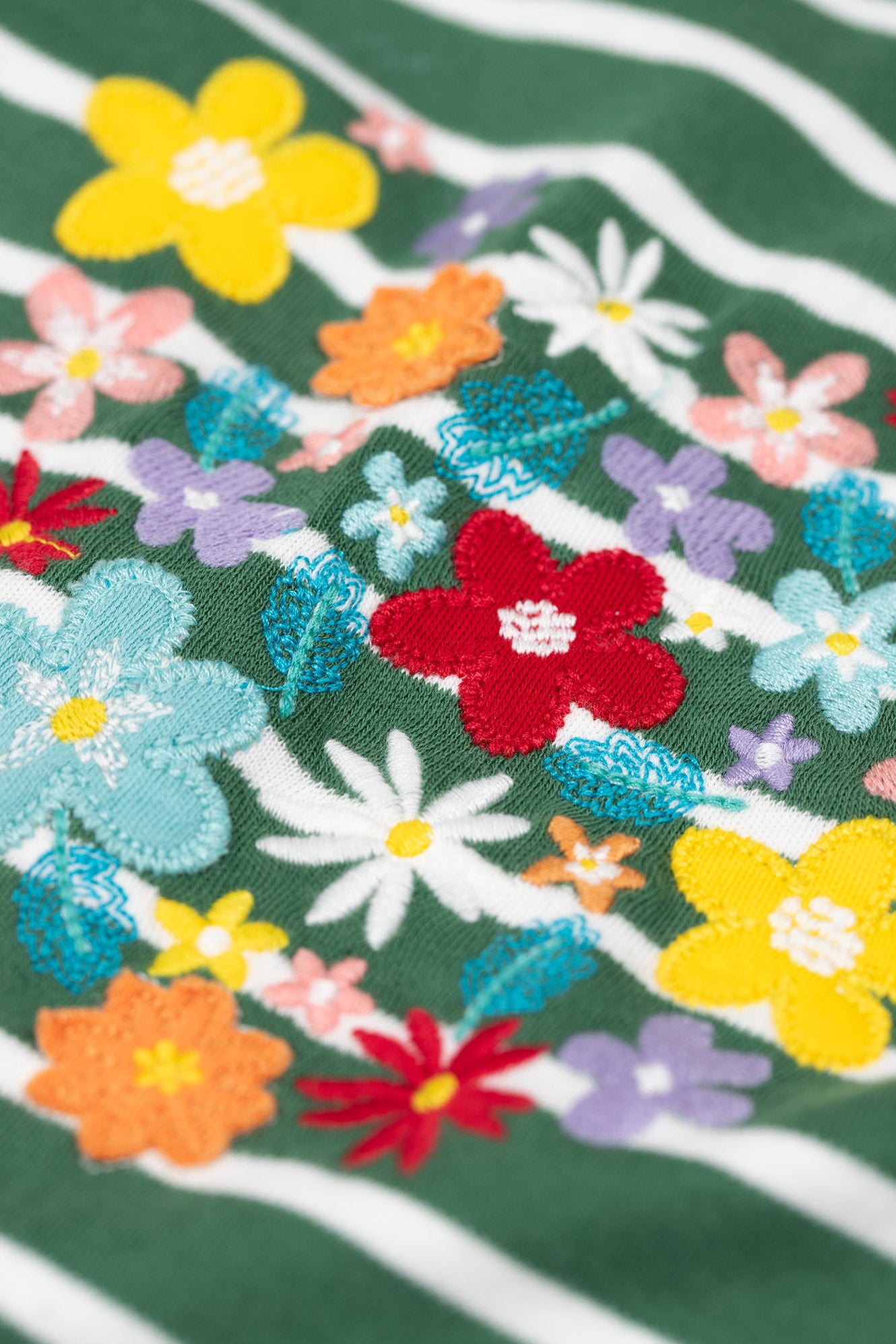 Close up of multicolour appliqués and embroidery detailing and organic cotton top