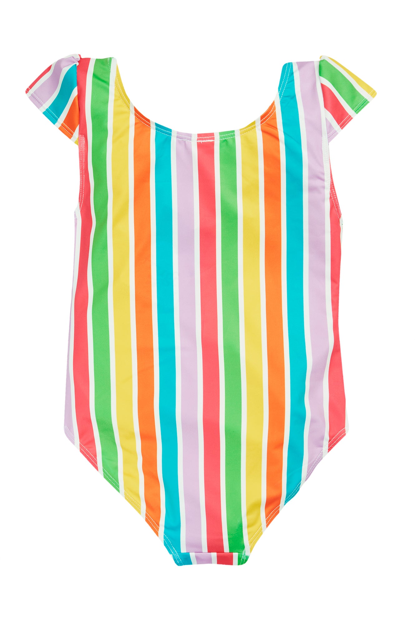 Back view of Frugi Marina Swimsuit showing continuous stripe pattern and scoop back design.