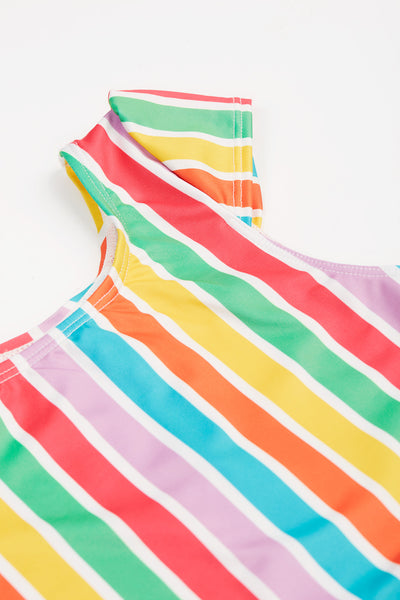 Detail of capped sleeve with gentle gathers on Frugi Marina Swimsuit, highlighting shoulder coverage.