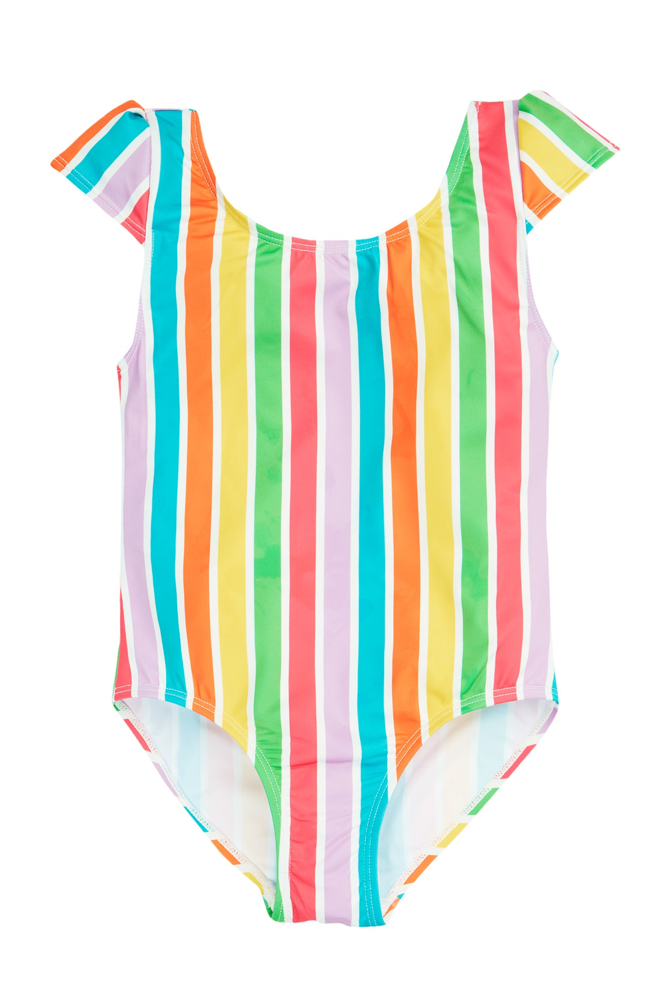 Front view of Frugi Marina Swimsuit displaying vibrant rainbow stripe pattern and gathered capped sleeves.