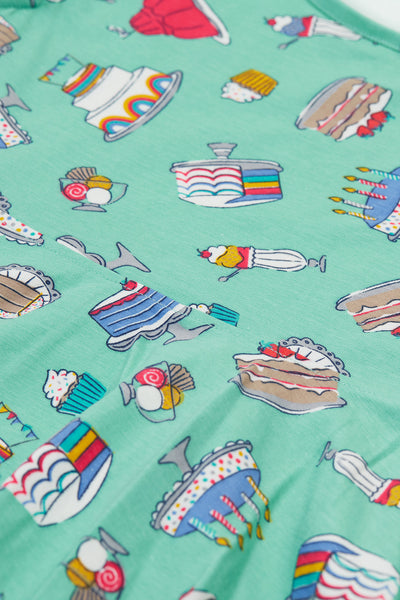 Close up of colourful cake print.
