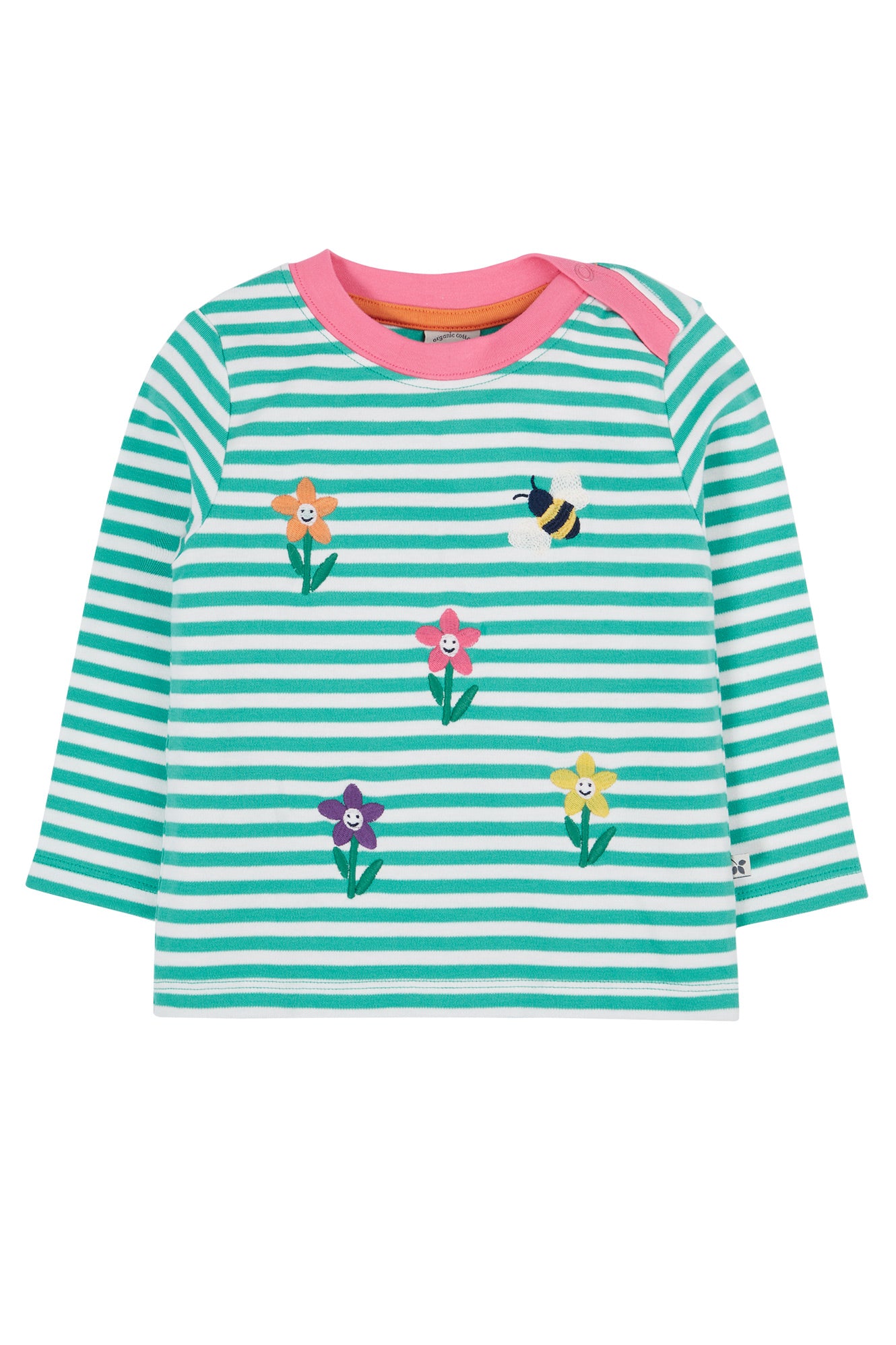 Frugi top in green and white stripes, organic cotton baby and toddler top with flower and bee embroidery.