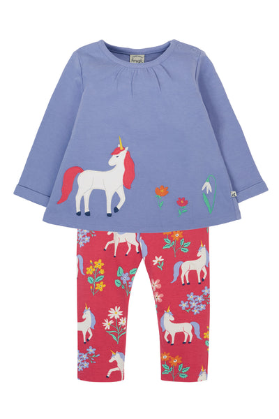 Children's Frugi outfit with blue top and red leggings featuring unicorn designs on a white background