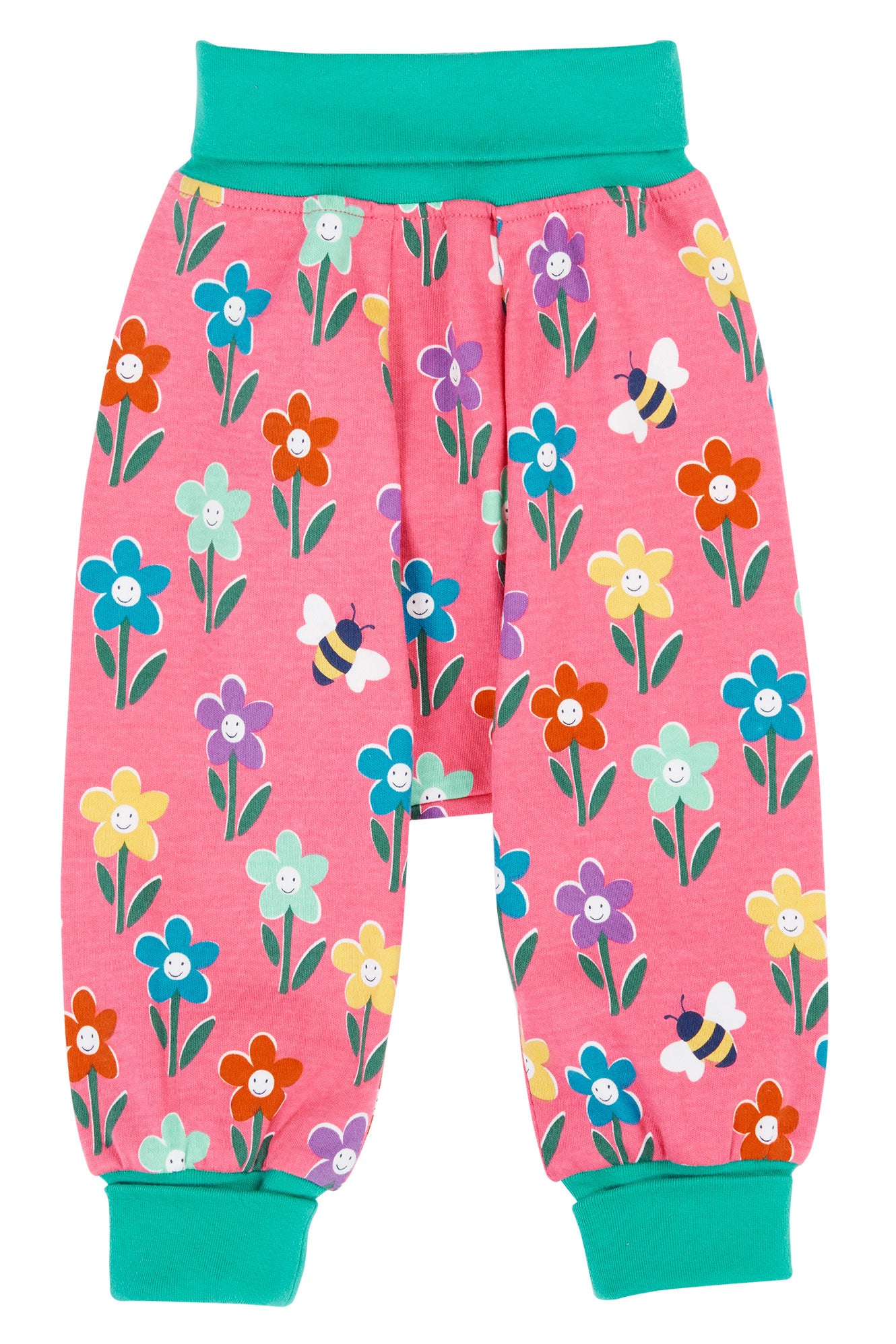 Frugi pink organic cotton trousers with green trim and multicolour flowers