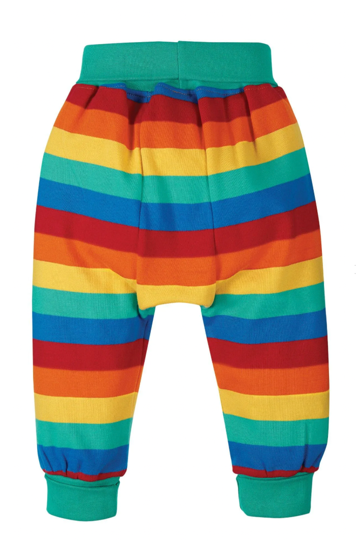 Colorful striped pants with a green waistband on a white background
