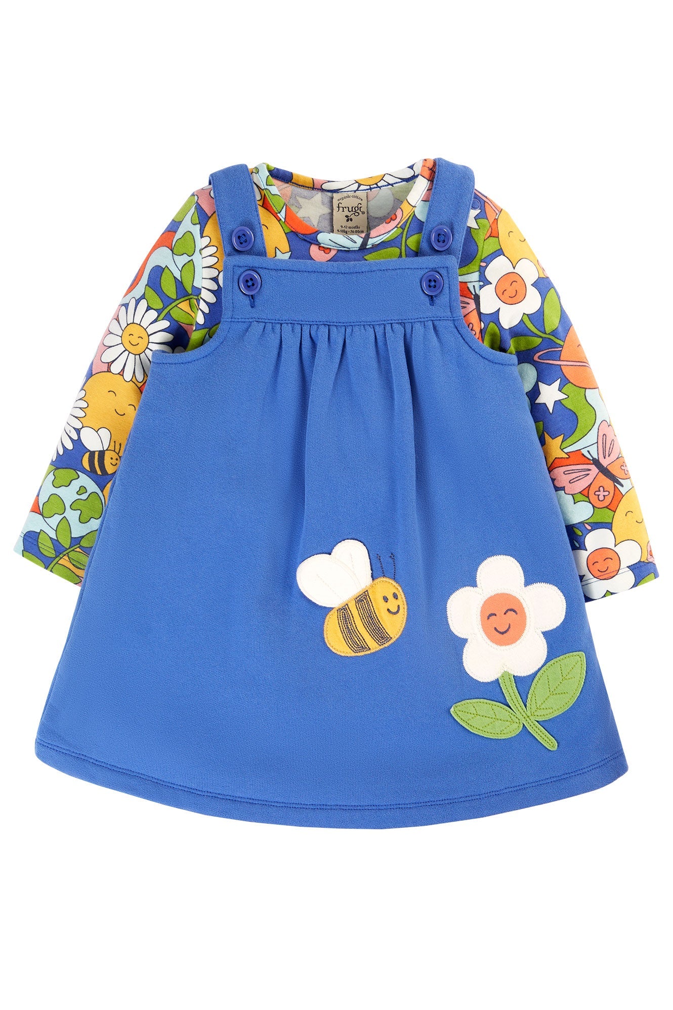 Frugi Polly Pinafore Outfit - Blue Tang/Retro Happy-Kids-Ohh! By Gum - Shop Sustainable