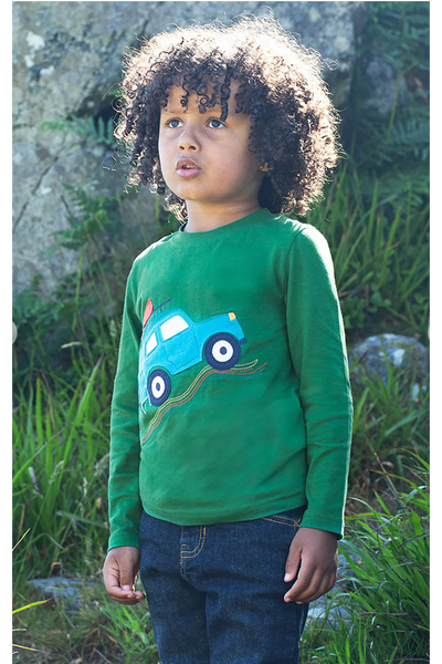 Frugi Quest Applique Top in Holly Green/Camper-Kids-Ohh! By Gum - Shop Sustainable