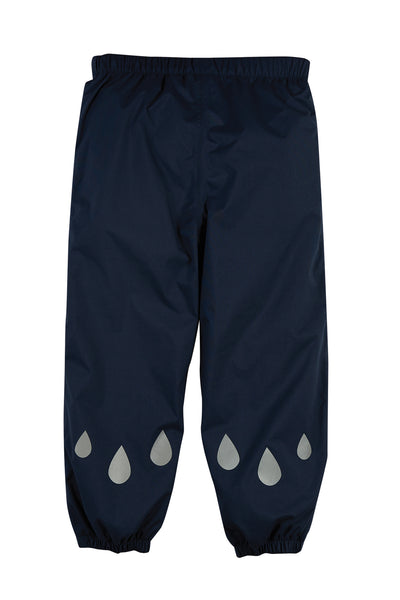 Navy blue rain pants with raindrop design on cuffs on a white background