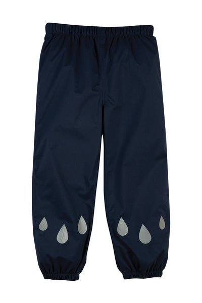 Kids navy blue rain pants with raindrop designs on a white background