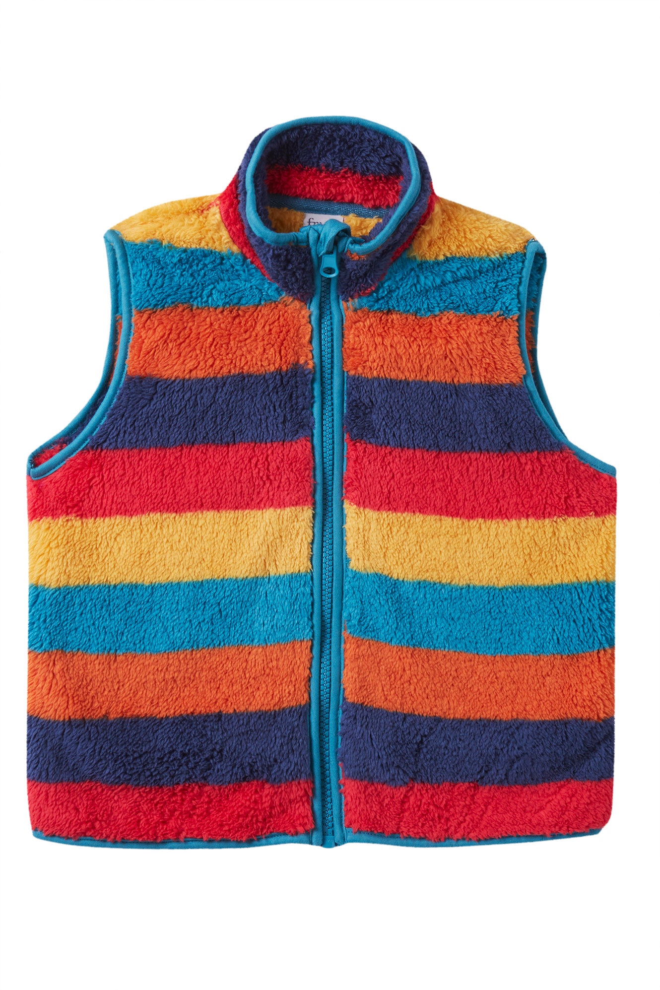 Colorful striped Frugi vest with a blue zipper on a white background