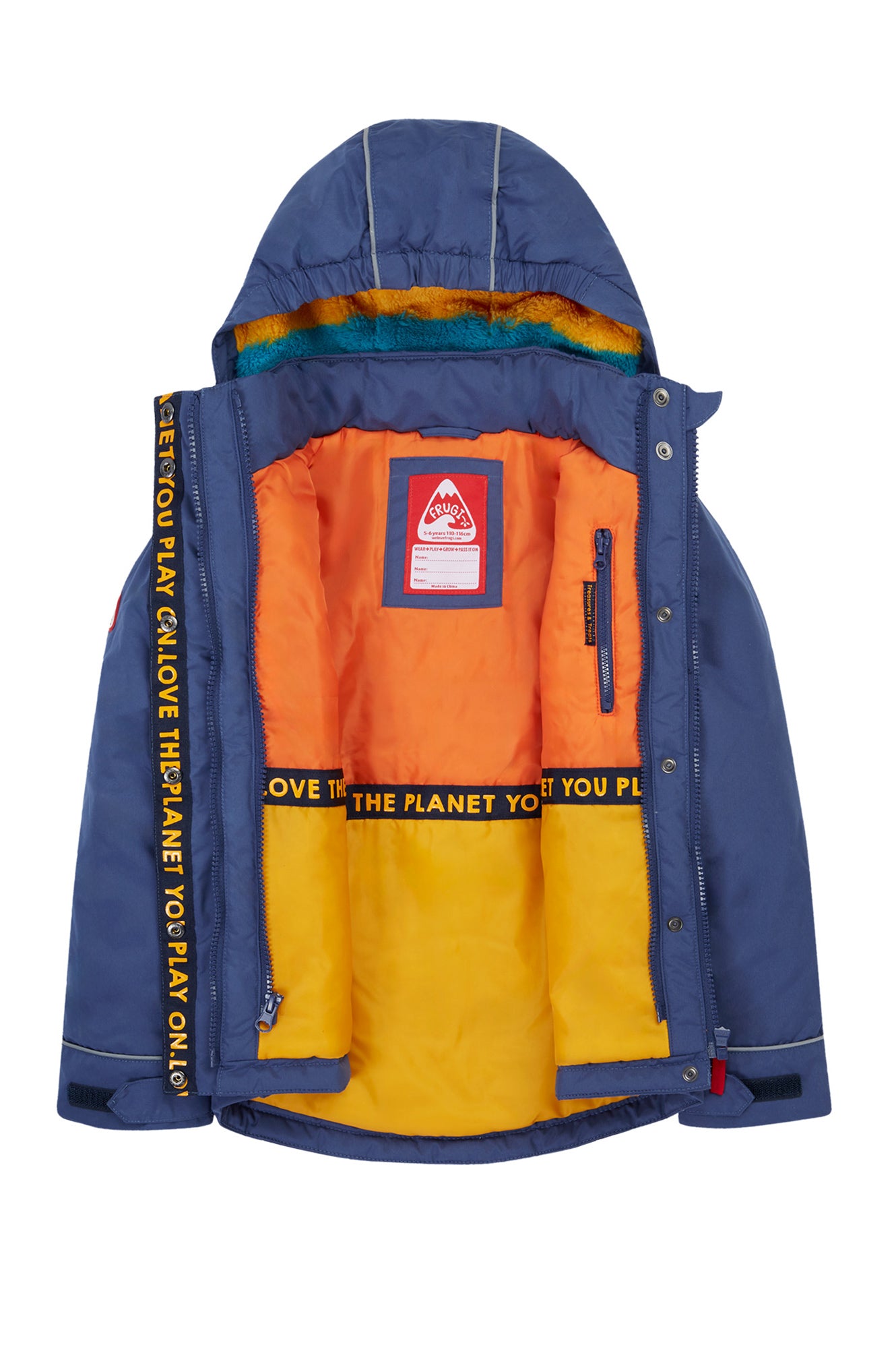 Multicolored Frugi jacket with orange and yellow sections on a white background