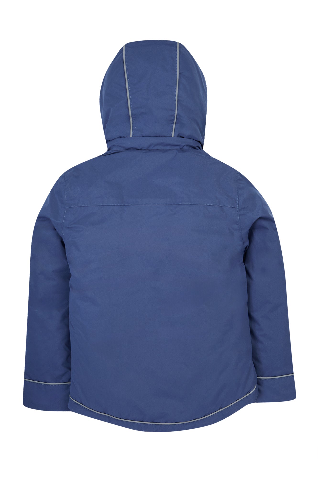 Blue Frugi jacket with a hood on a white background