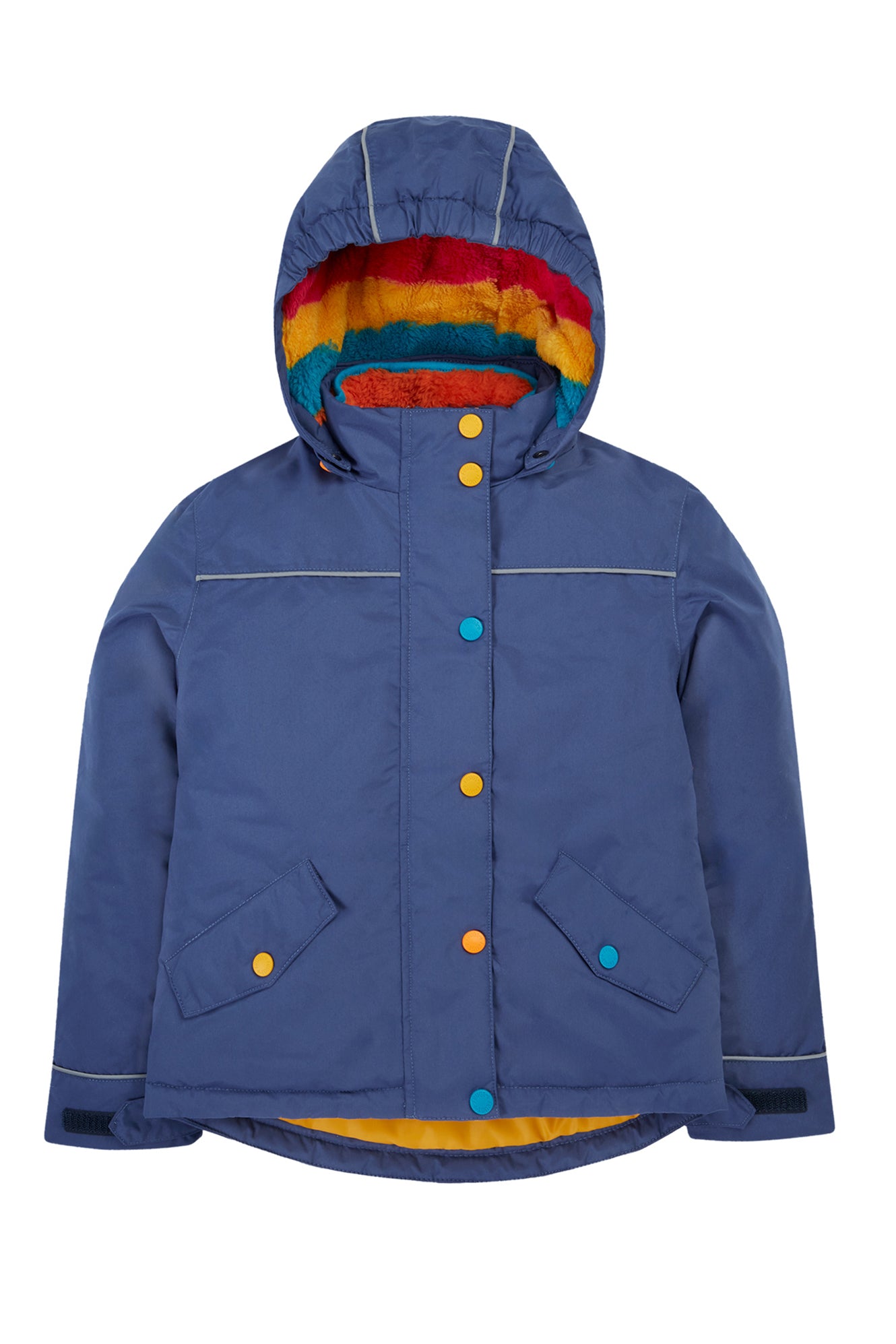 Blue children's jacket with colorful hood on a white background