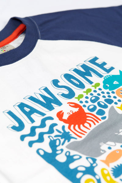 Frugi Reid Raglan T-Shirt - Soft White/Jawsome-Kids-Ohh! By Gum - Shop Sustainable