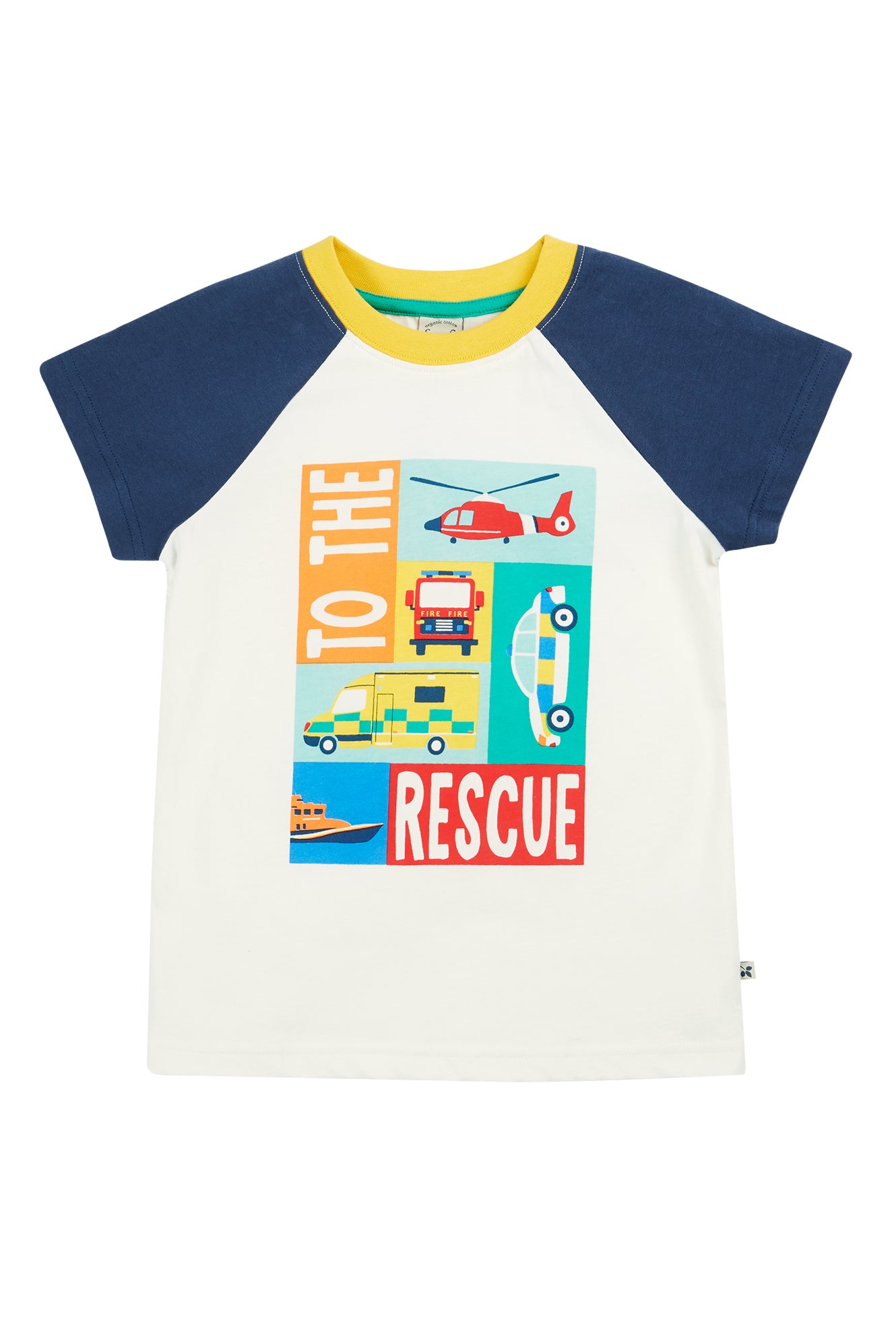 White short-sleeved t-shirt with navy blue raglan sleeves, featuring a colourful 'TO THE RESCUE' graphic with illustrations of a helicopter, fire truck, ambulance, police car, and boat.