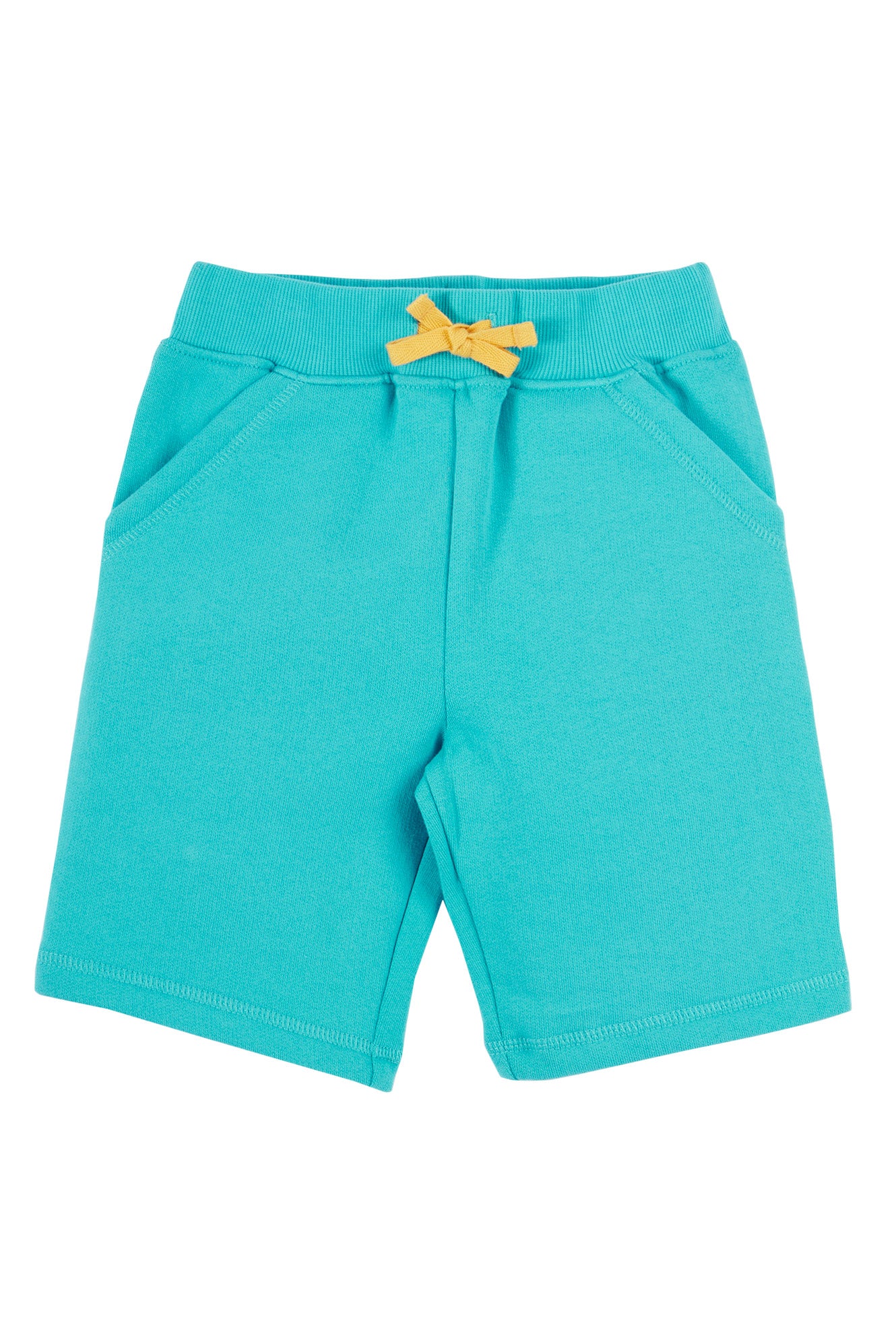 Bright turquoise shorts made from soft organic cotton brushback fleece, featuring a stretchy ribbed waistband with an adjustable yellow drawcord.