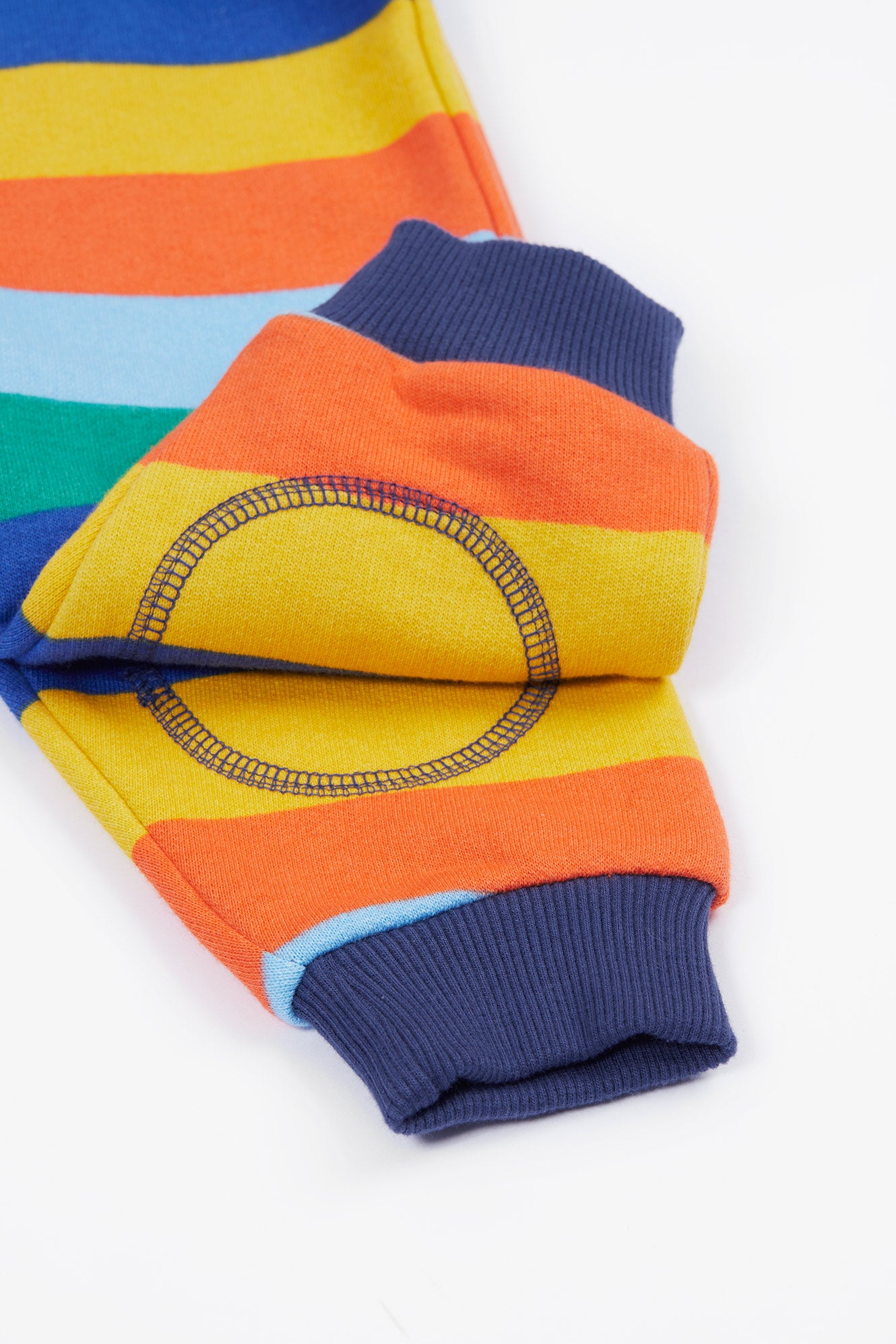 Close up of navy cuffs and stitching on double-layered knees