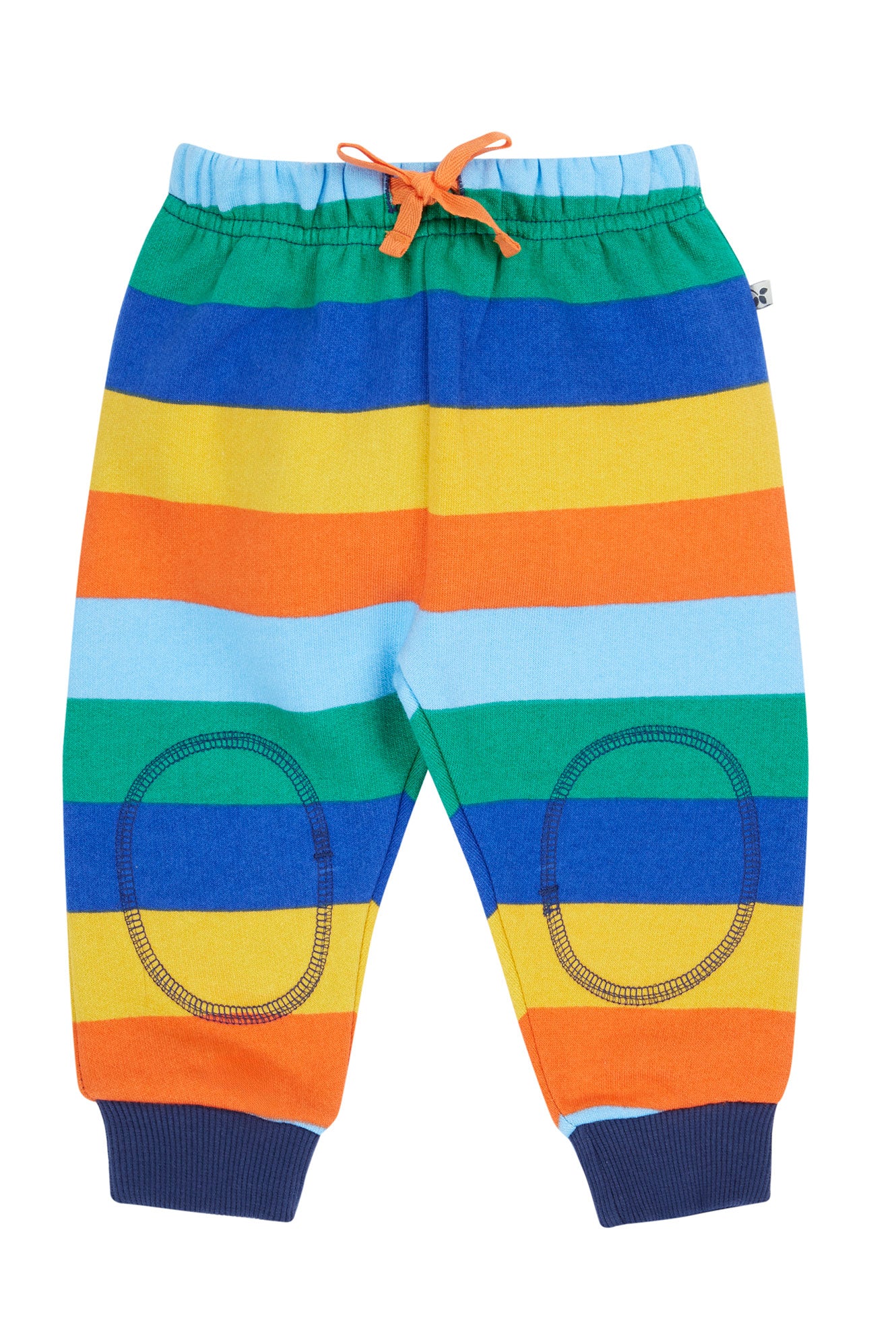 Frugi kids trousers in a colourful striped print with a drawstring wasit and double-layered knees/