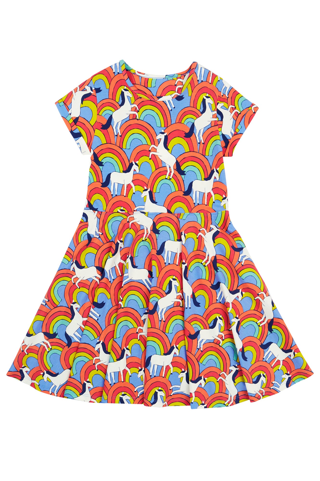 Front view of the Frugi Spring Skater Dress in an all-over rainbow and horse print.