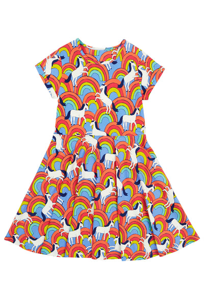 Front view of the Frugi Spring Skater Dress in an all-over rainbow and horse print.