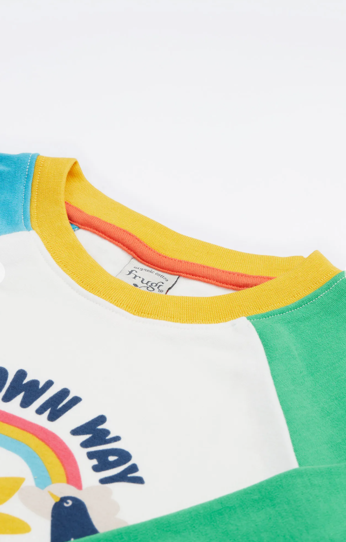 Close-up of the yellow neckline on the Frugi Tamar Raglan Top.