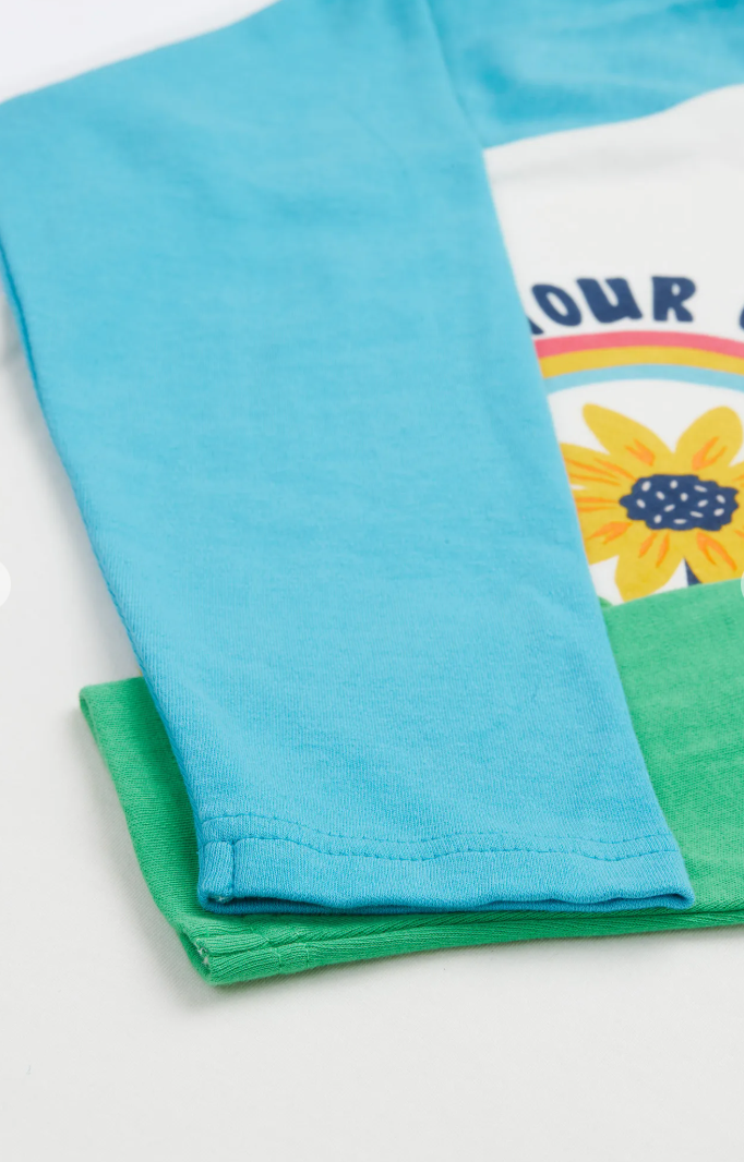 Close up of teal and green sleeves overlapping.