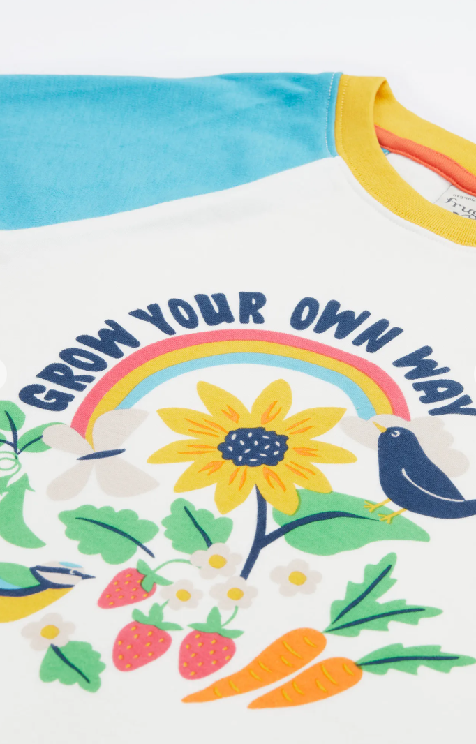 Detailed view of the 'GROW YOUR OWN WAY' graphic on the Frugi Tamar Raglan Top, showcasing illustrations of a rainbow, sunflower, and garden vegetables.