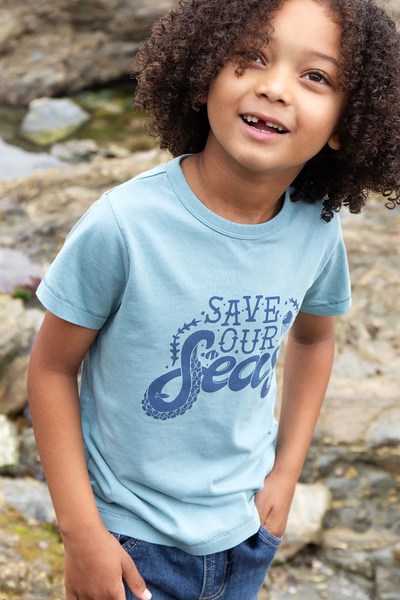 Frugi Tea Shirt - Sea Blue/Save Our Seas-Kids-Ohh! By Gum - Shop Sustainable