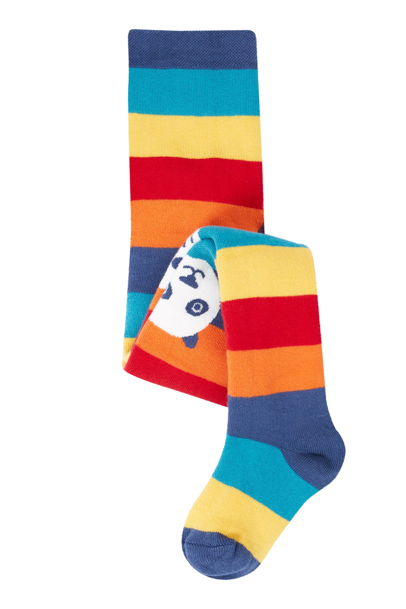 Colorful striped socks with a cartoon face on a white background