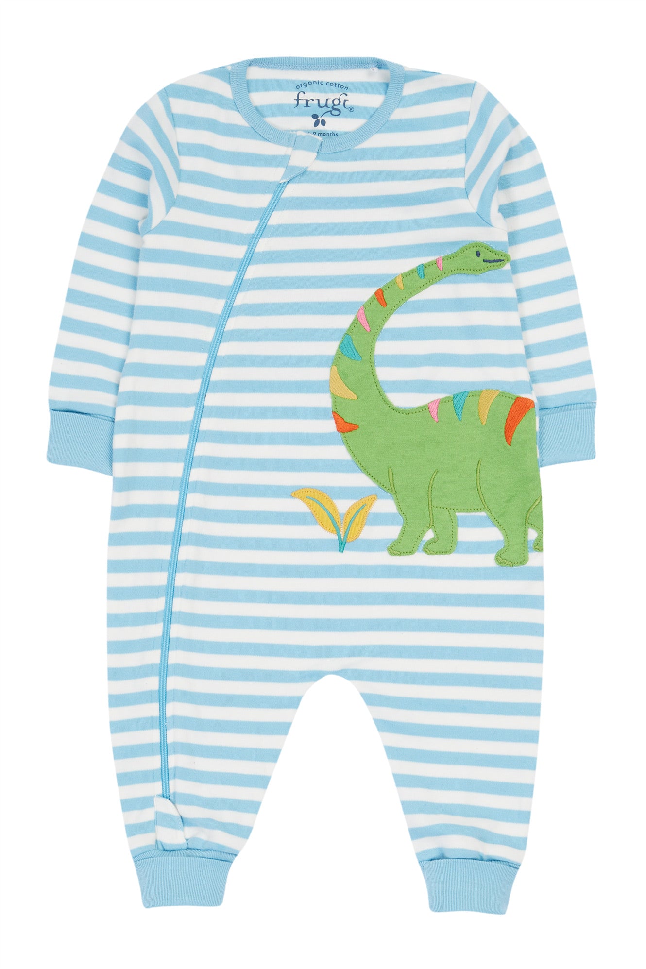 Full front view of Frugi romper showing long sleeves, zip front, and dino print on striped fabric.