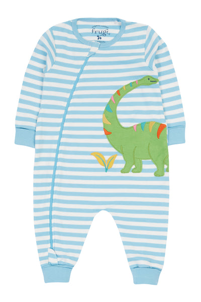 Full front view of Frugi romper showing long sleeves, zip front, and dino print on striped fabric.