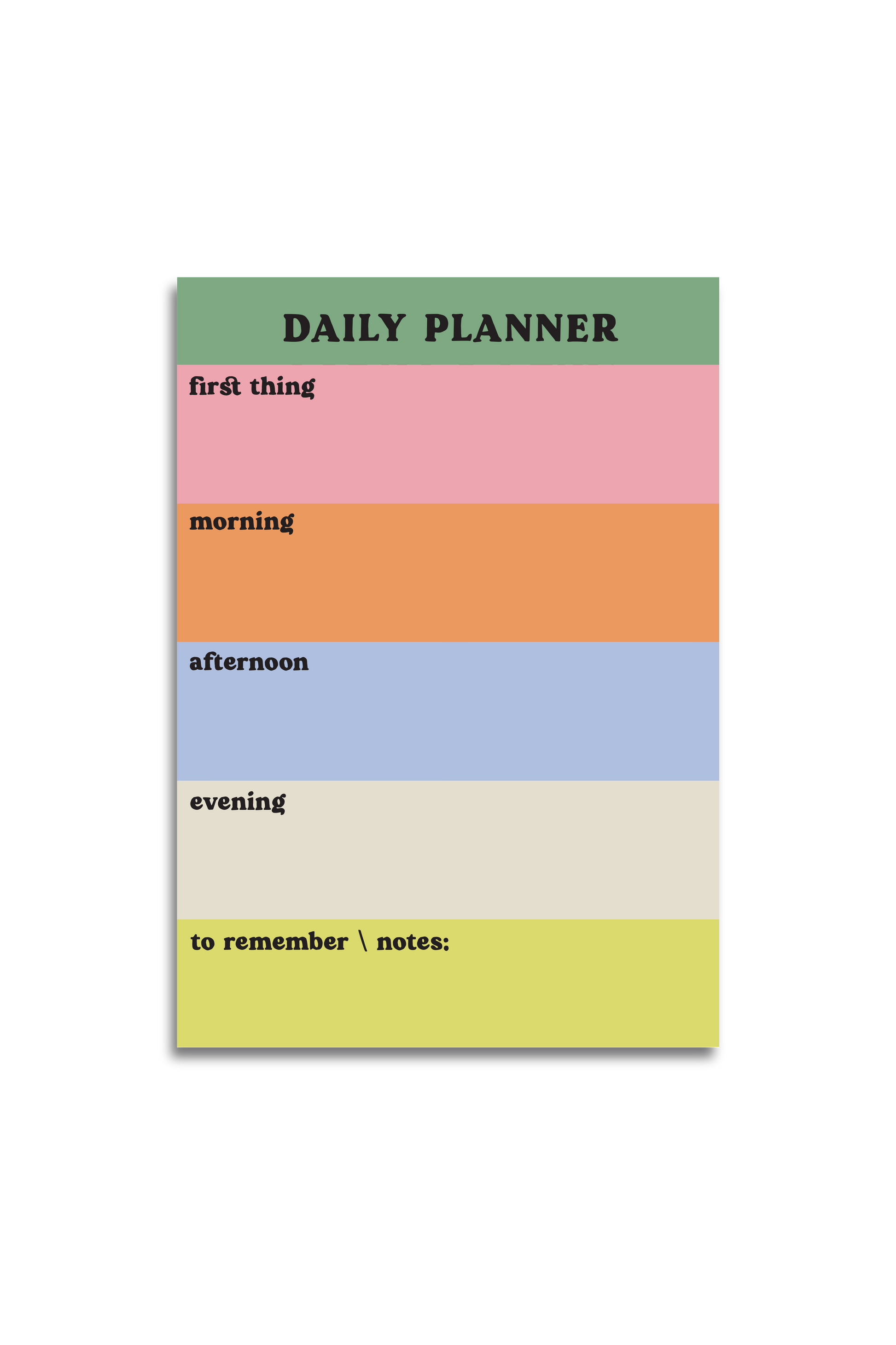 Daily planner with colour-coded sections on a white background
