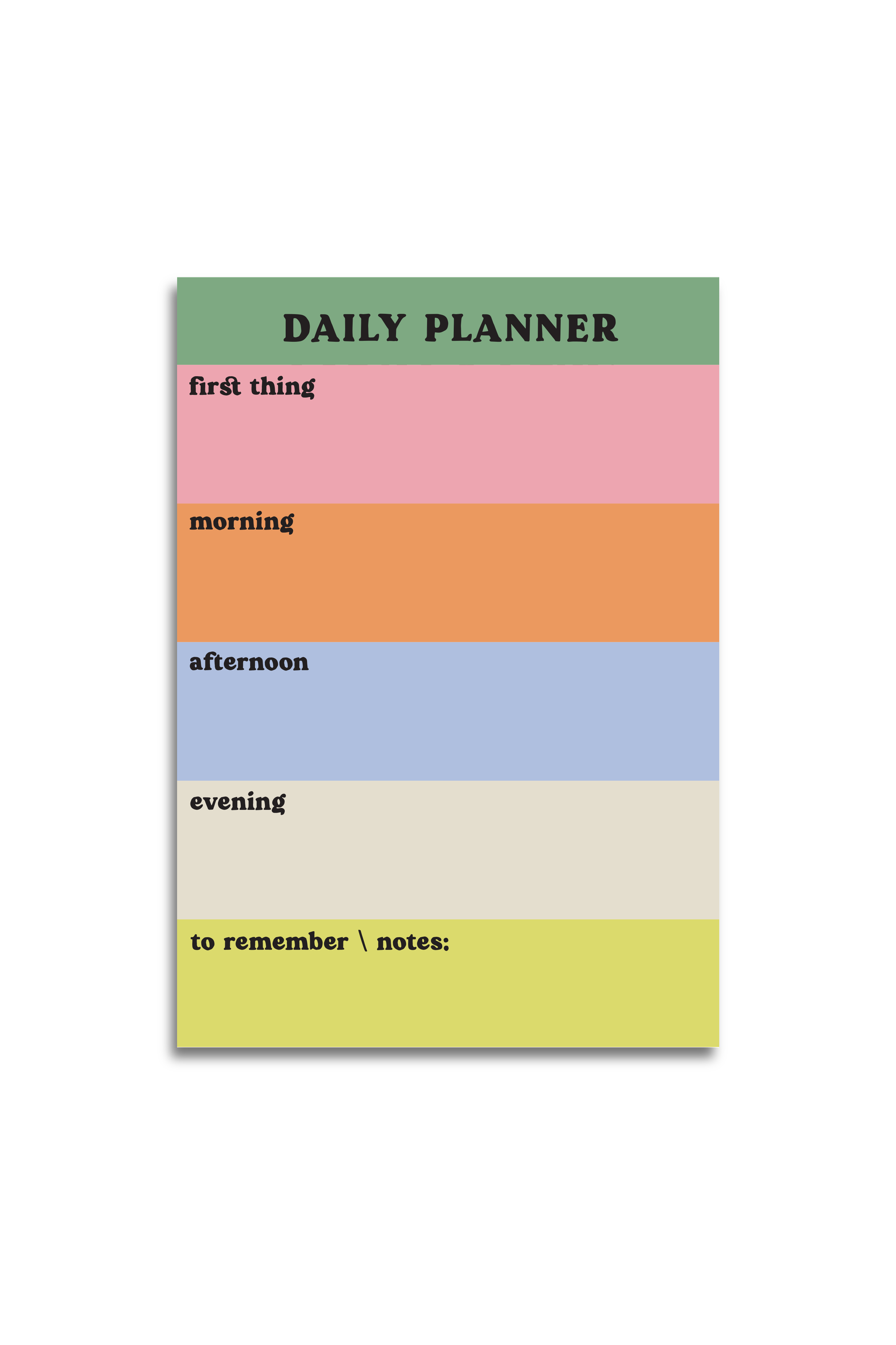 Daily planner with colour-coded sections on a white background