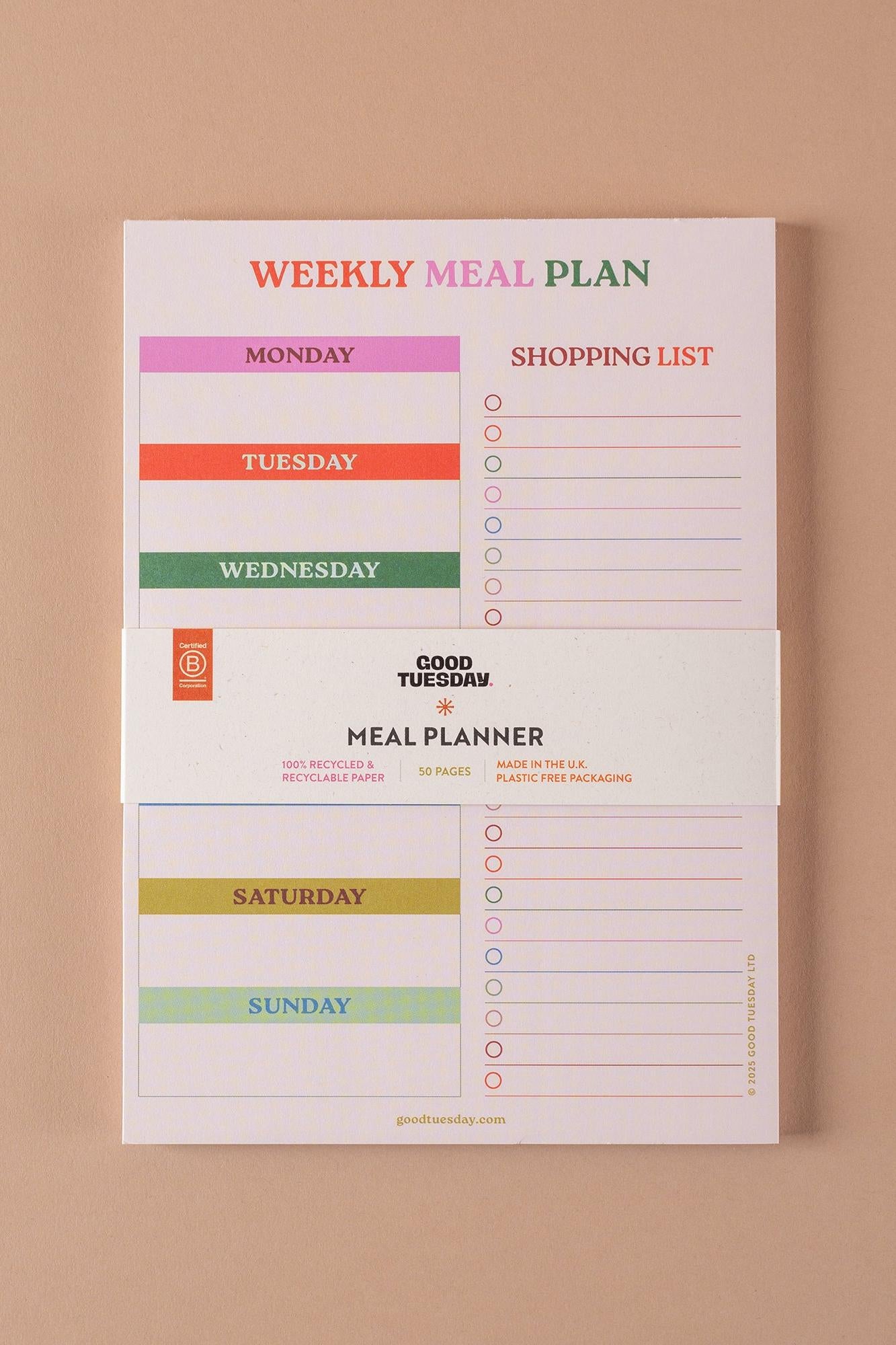 Weekly meal plan and shopping list planner on a beige background with 'Good Tuesday' label.