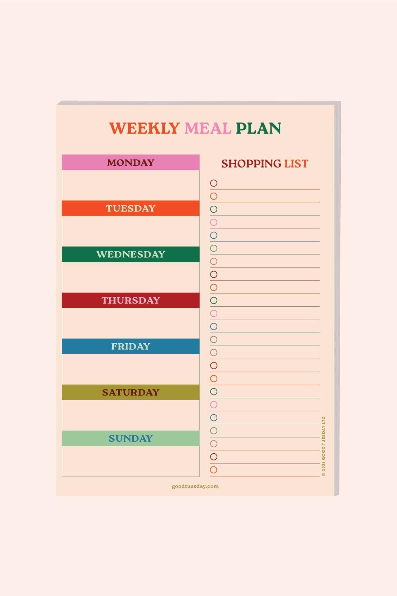 Weekly meal plan and shopping list with coloured sections on a beige background