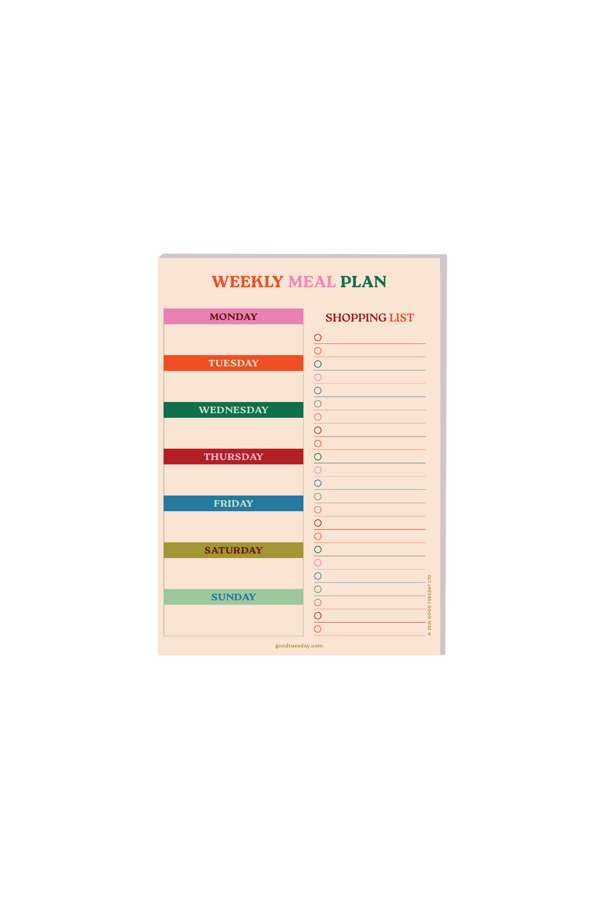 Weekly meal plan and shopping list notepad with colourful labels on a white background
