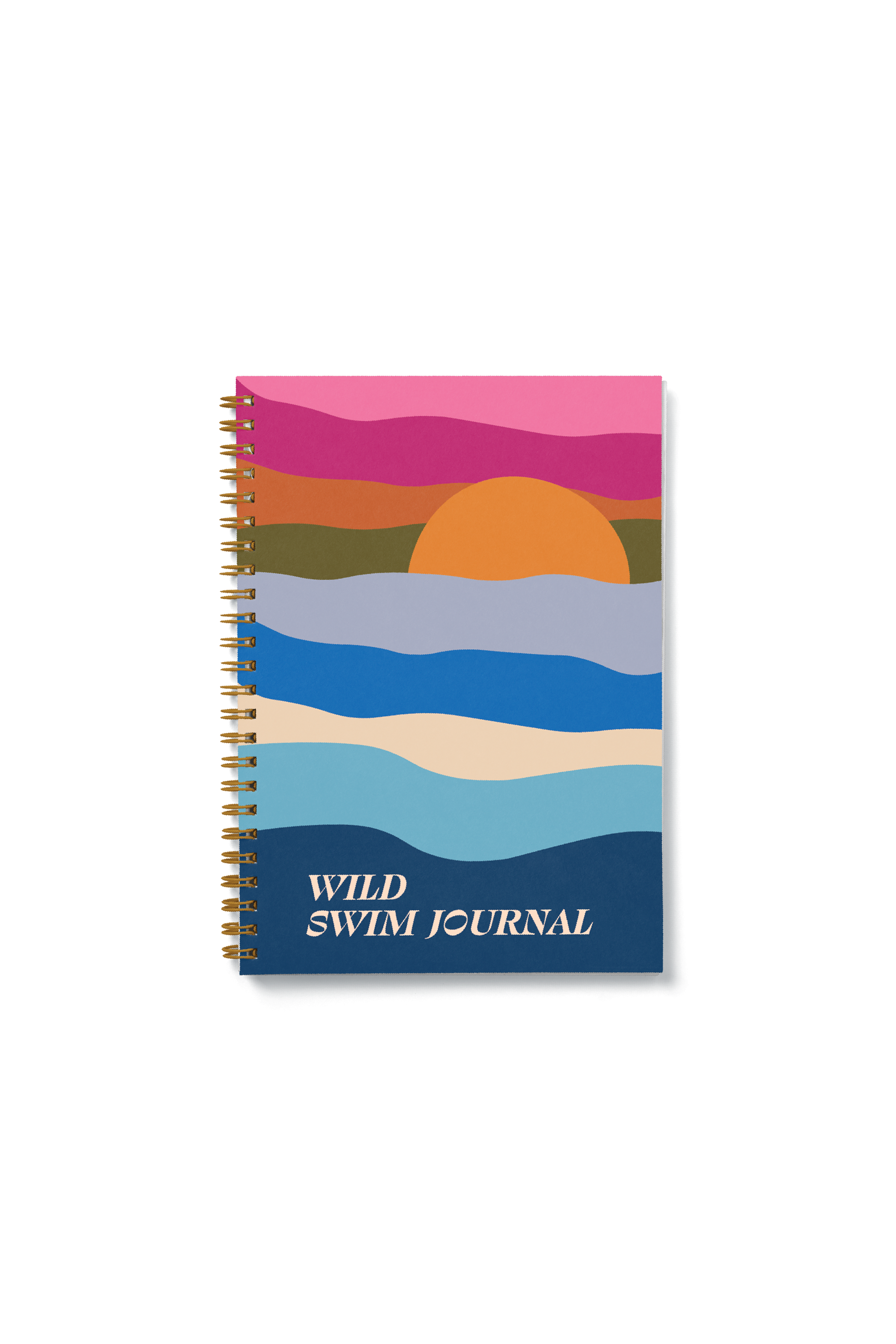 Notebook with colorful design and 'Wild Swim Journal' text on a white background