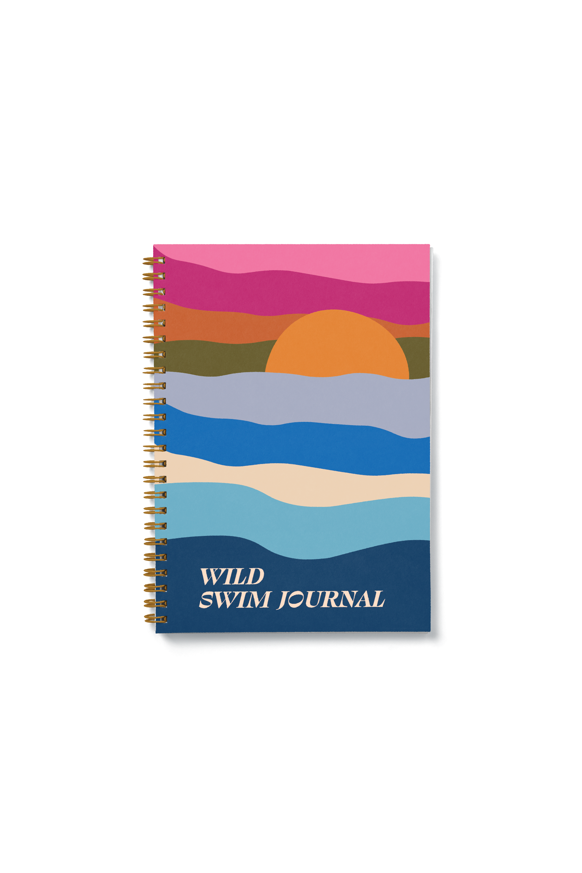 Notebook with colorful design and 'Wild Swim Journal' text on a white background