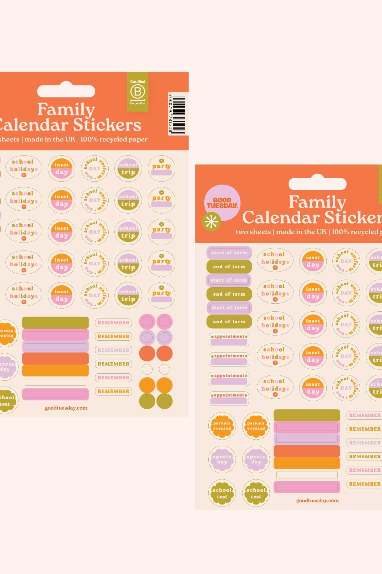 Two packages of Family Calendar Stickers with colorful designs on a white background.